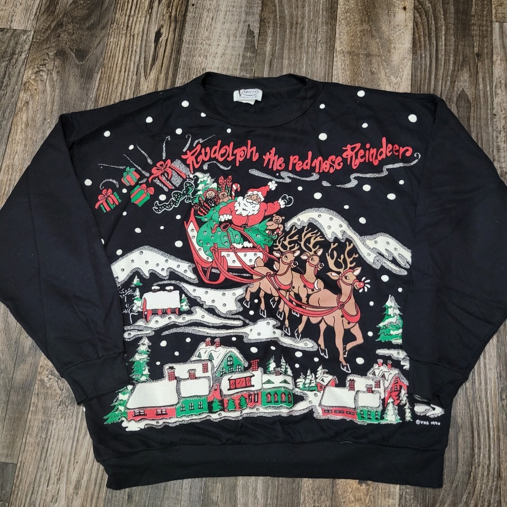 Vintage Ugly Christmas Sweater Santa Holiday Tree Women's Small Rudolph